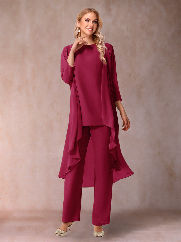 Chiffon Scoop 3/4 Sleeves 3 Pieces Pantsuits with Ruched &amp; Jacket