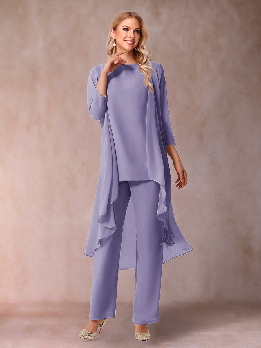 Chiffon Scoop 3/4 Sleeves 3 Pieces Pantsuits with Ruched &amp; Jacket