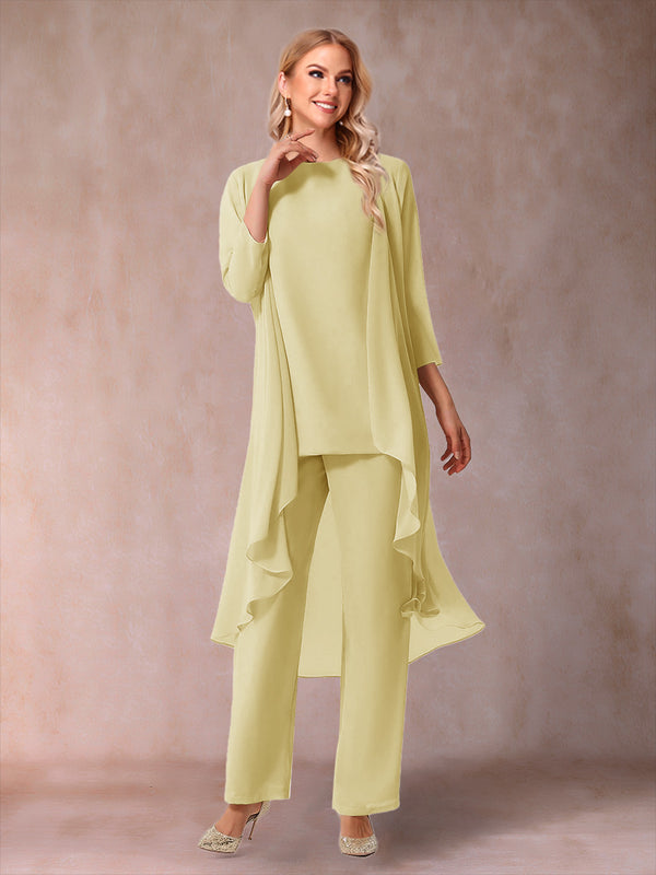 Chiffon Scoop 3/4 Sleeves 3 Pieces Pantsuits with Ruched & Jacket