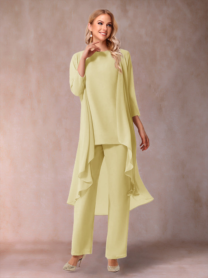 Chiffon Scoop 3/4 Sleeves 3 Pieces Pantsuits with Ruched &amp; Jacket