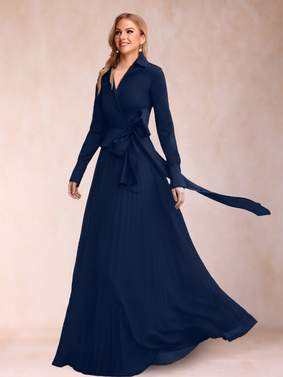 A-Line/Princess Chiffon V-Neck Long Sleeves 2 Pieces Mother of the Bride Dresses with Belt &amp; Ruffles