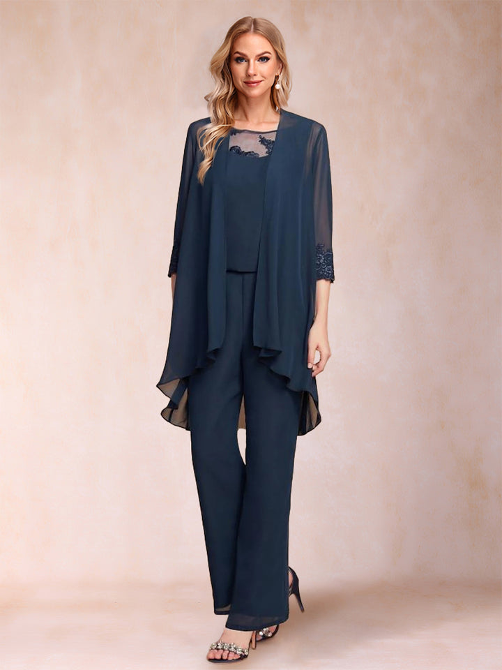 Chiffon Scoop 3/4 Sleeves 3 Pieces Pantsuits with Applique &amp; Jacket