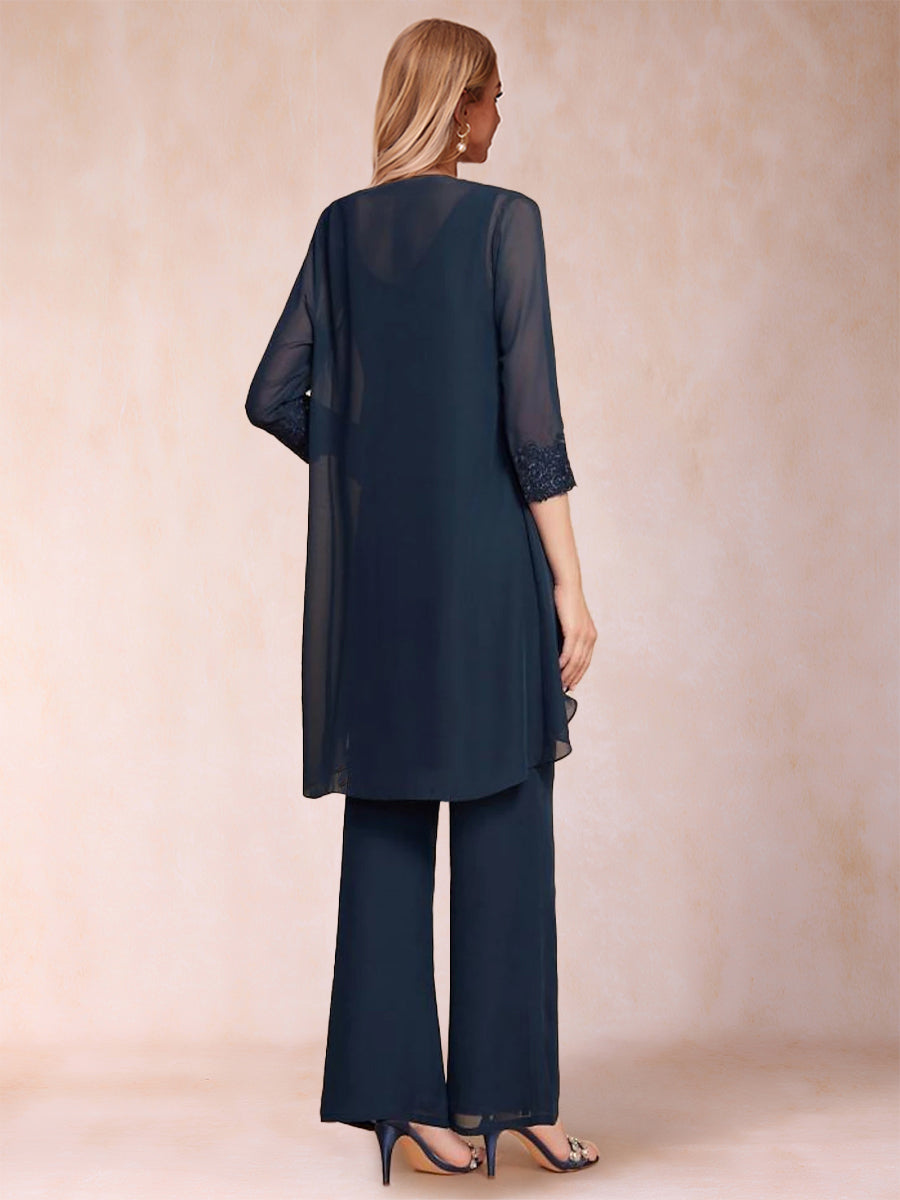 Chiffon Scoop 3/4 Sleeves 3 Pieces Pantsuits with Applique &amp; Jacket