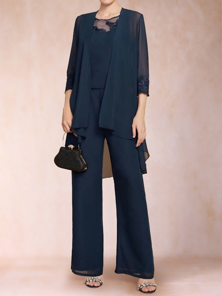 Chiffon Scoop 3/4 Sleeves 3 Pieces Pantsuits with Applique &amp; Jacket