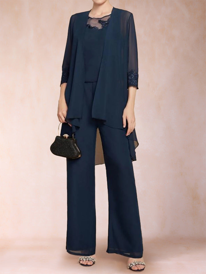 Chiffon Scoop 3/4 Sleeves 3 Pieces Pantsuits with Applique &amp; Jacket