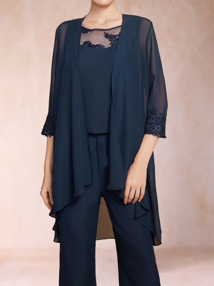 Chiffon Scoop 3/4 Sleeves 3 Pieces Pantsuits with Applique &amp; Jacket