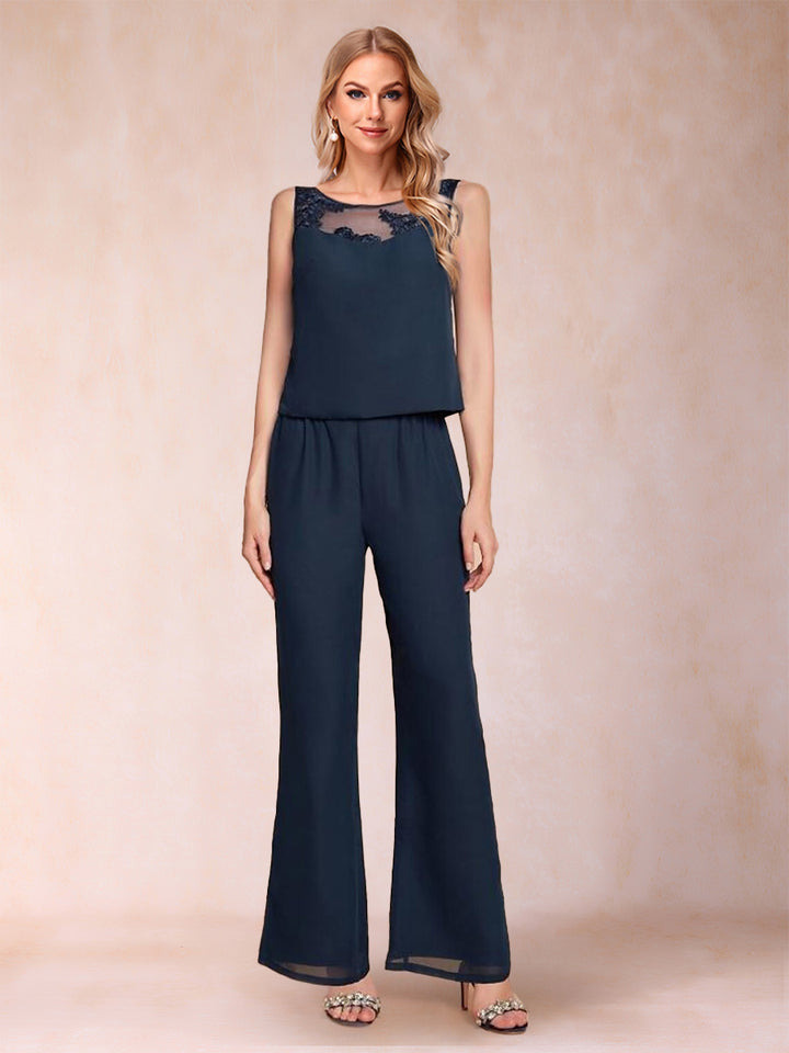 Chiffon Scoop 3/4 Sleeves 3 Pieces Pantsuits with Applique &amp; Jacket