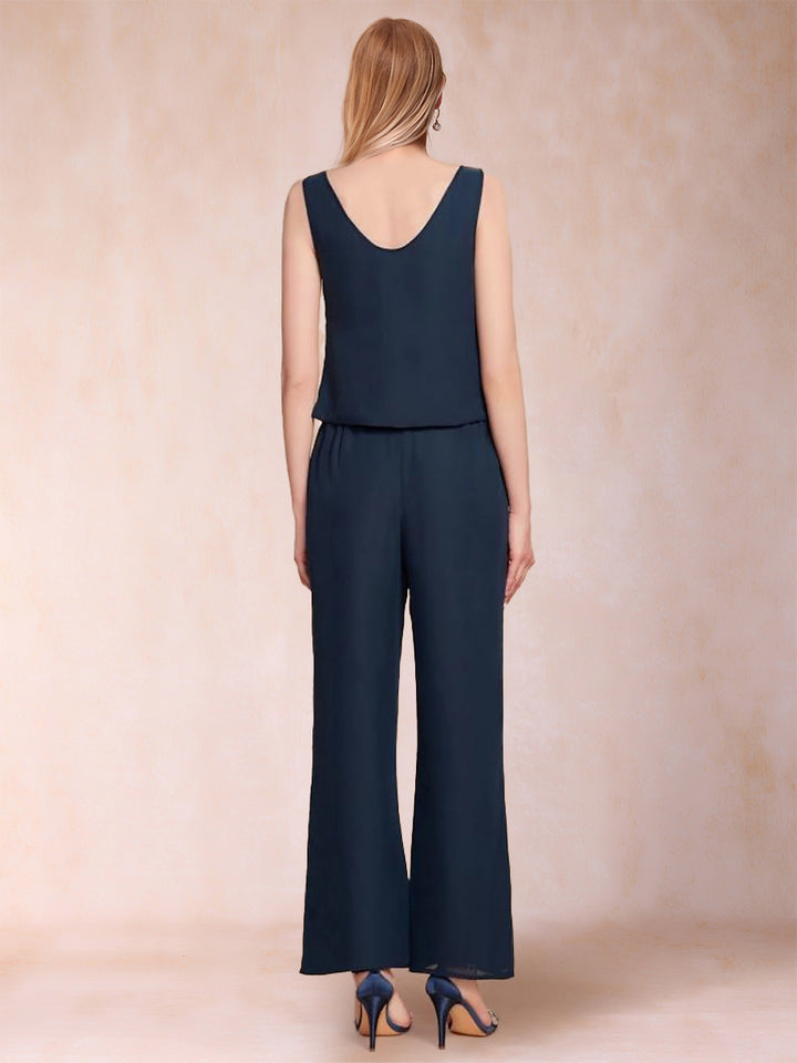 Chiffon Scoop 3/4 Sleeves 3 Pieces Pantsuits with Applique &amp; Jacket