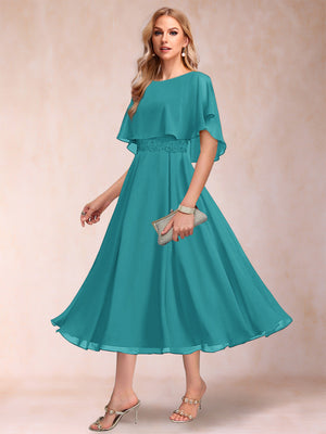 A-Line/Princess Chiffon Scoop Short Sleeves Mother of the Bride Dresses with Shawl