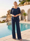 Chiffon V-Neck Half Sleeves 2 Pieces Pantsuits with Rhinestone