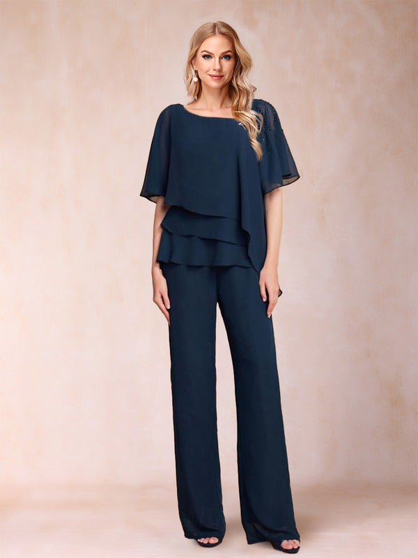 Chiffon V-Neck Half Sleeves 2 Pieces Pantsuits with Rhinestone