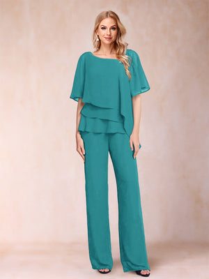 Chiffon V-Neck Half Sleeves 2 Pieces Pantsuits with Rhinestone