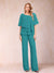 Chiffon V-Neck Half Sleeves 2 Pieces Pantsuits with Rhinestone