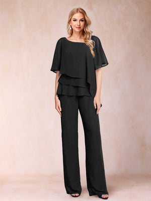Chiffon V-Neck Half Sleeves 2 Pieces Pantsuits with Rhinestone