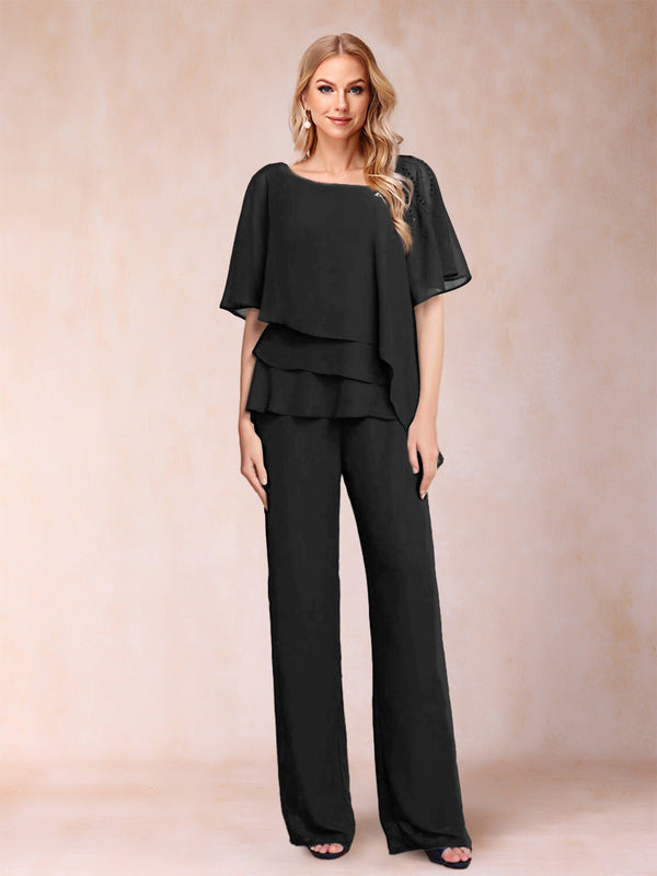 Chiffon V-Neck Half Sleeves 2 Pieces Pantsuits with Rhinestone