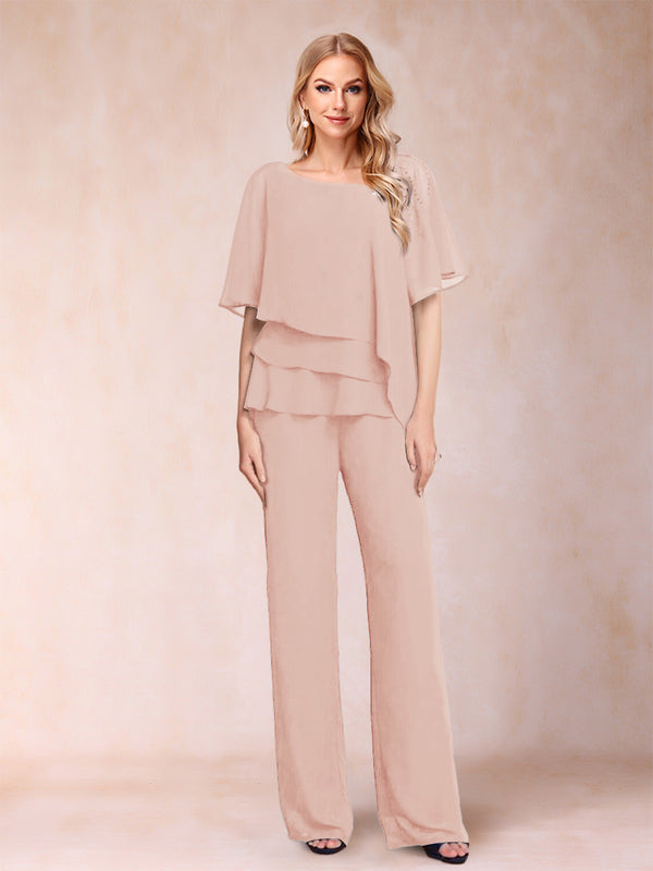 Chiffon V-Neck Half Sleeves 2 Pieces Pantsuits with Rhinestone