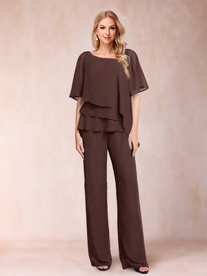 Chiffon V-Neck Half Sleeves 2 Pieces Pantsuits with Rhinestone