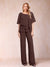 Chiffon V-Neck Half Sleeves 2 Pieces Pantsuits with Rhinestone