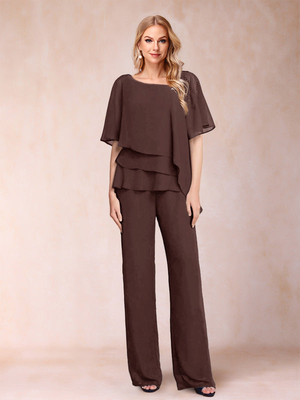 Chiffon V-Neck Half Sleeves 2 Pieces Pantsuits with Rhinestone