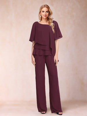 Chiffon V-Neck Half Sleeves 2 Pieces Pantsuits with Rhinestone