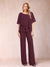 Chiffon V-Neck Half Sleeves 2 Pieces Pantsuits with Rhinestone