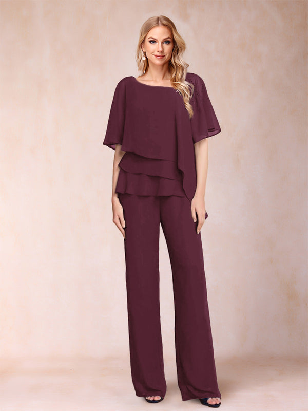 Chiffon V-Neck Half Sleeves 2 Pieces Pantsuits with Rhinestone