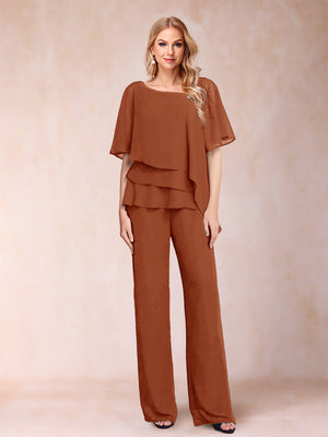 Chiffon V-Neck Half Sleeves 2 Pieces Pantsuits with Rhinestone