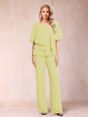 Chiffon V-Neck Half Sleeves 2 Pieces Pantsuits with Rhinestone