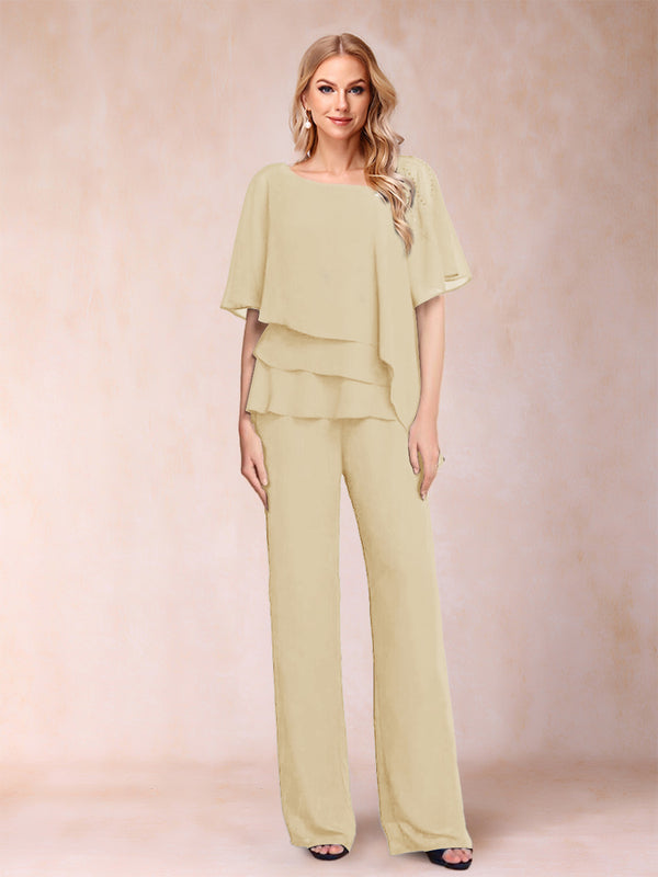 Chiffon V-Neck Half Sleeves 2 Pieces Pantsuits with Rhinestone