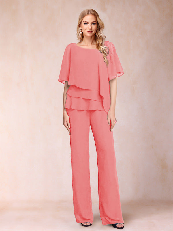 Chiffon V-Neck Half Sleeves 2 Pieces Pantsuits with Rhinestone