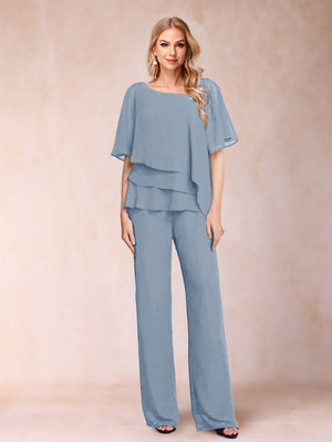 Chiffon V-Neck Half Sleeves 2 Pieces Pantsuits with Rhinestone