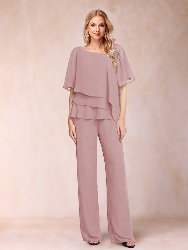 Chiffon V-Neck Half Sleeves 2 Pieces Pantsuits with Rhinestone