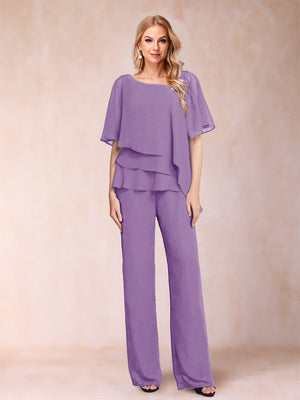 Chiffon V-Neck Half Sleeves 2 Pieces Pantsuits with Rhinestone