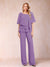 Chiffon V-Neck Half Sleeves 2 Pieces Pantsuits with Rhinestone