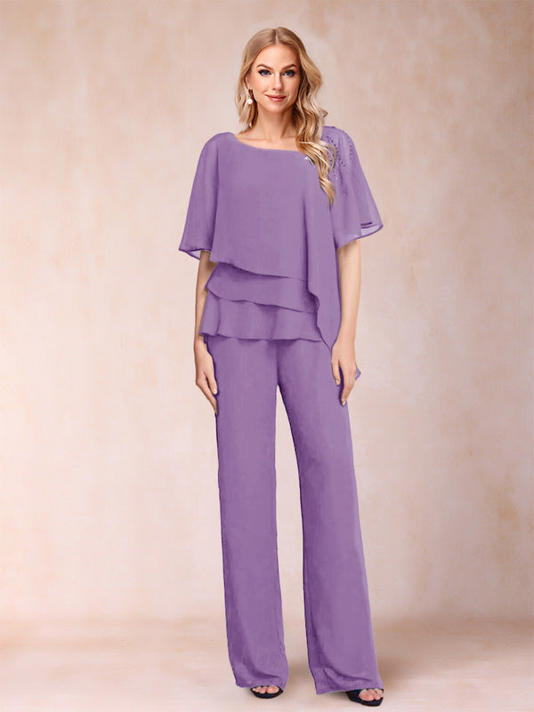 Chiffon V-Neck Half Sleeves 2 Pieces Pantsuits with Rhinestone