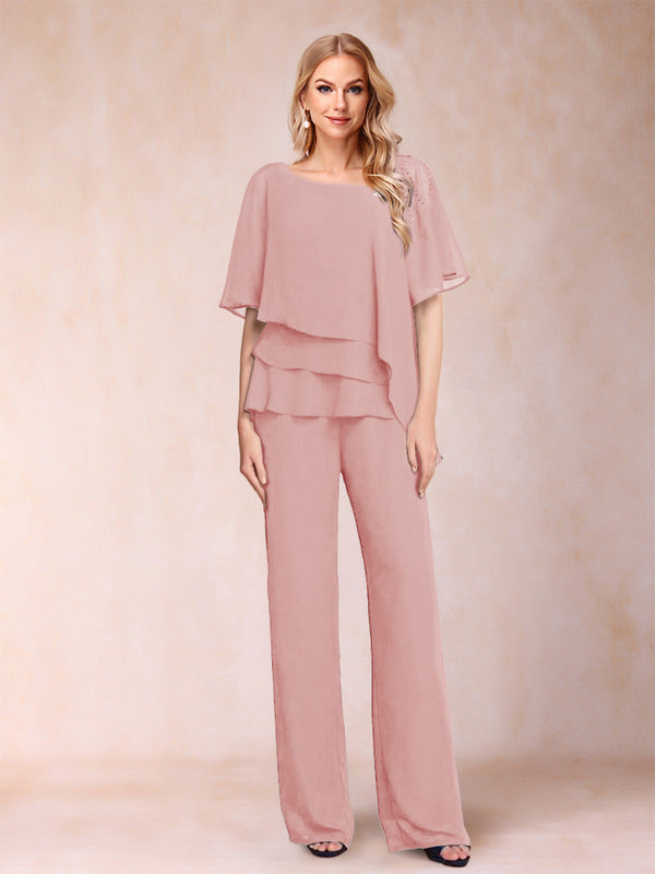 Chiffon V-Neck Half Sleeves 2 Pieces Pantsuits with Rhinestone