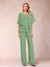 Chiffon V-Neck Half Sleeves 2 Pieces Pantsuits with Rhinestone
