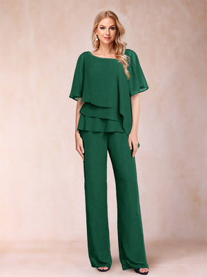 Chiffon V-Neck Half Sleeves 2 Pieces Pantsuits with Rhinestone