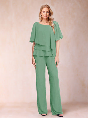 Chiffon V-Neck Half Sleeves 2 Pieces Pantsuits with Rhinestone