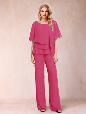 Chiffon V-Neck Half Sleeves 2 Pieces Pantsuits with Rhinestone