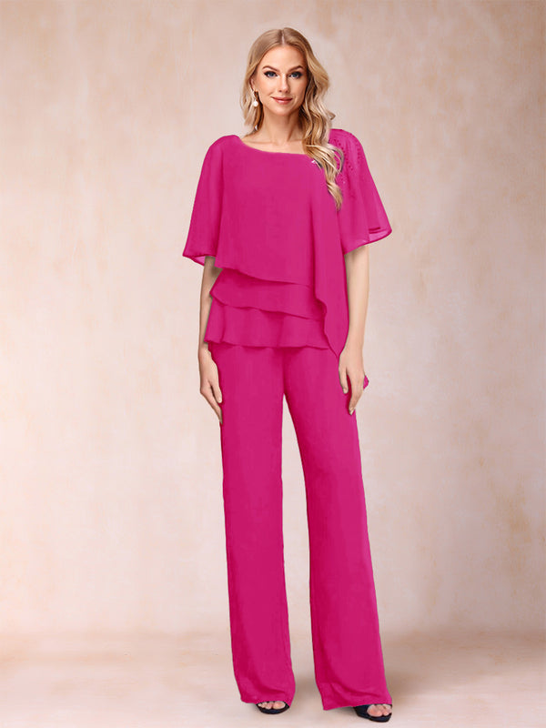 Chiffon V-Neck Half Sleeves 2 Pieces Pantsuits with Rhinestone