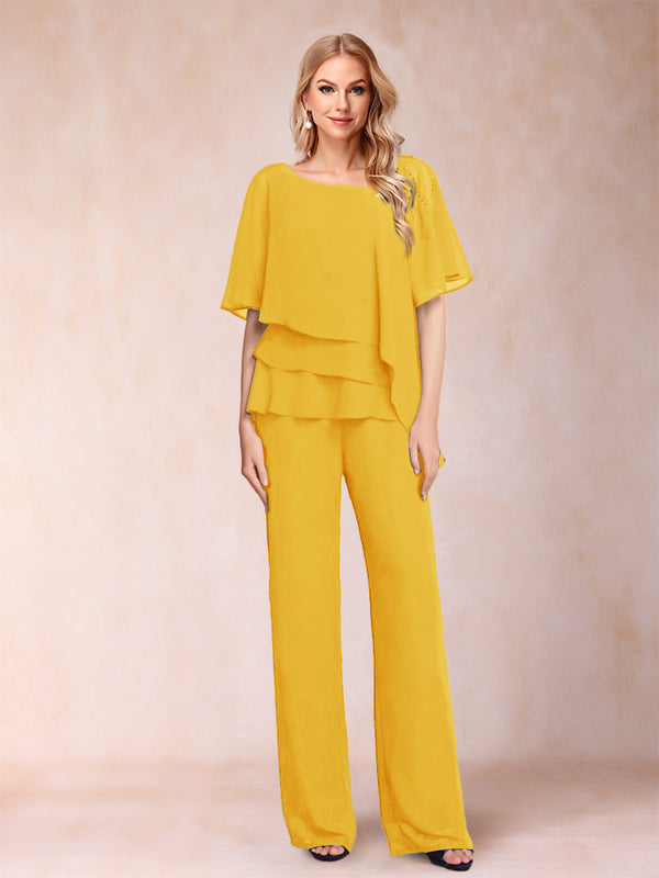 Chiffon V-Neck Half Sleeves 2 Pieces Pantsuits with Rhinestone