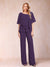 Chiffon V-Neck Half Sleeves 2 Pieces Pantsuits with Rhinestone