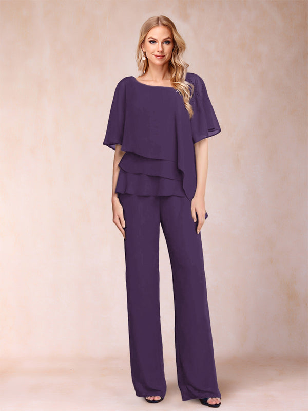 Chiffon V-Neck Half Sleeves 2 Pieces Pantsuits with Rhinestone
