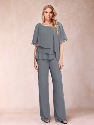 Chiffon V-Neck Half Sleeves 2 Pieces Pantsuits with Rhinestone