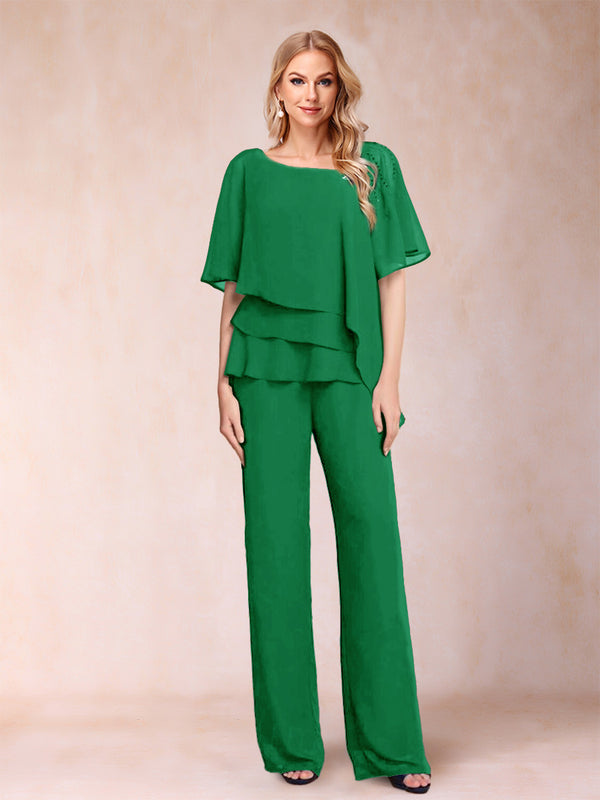 Chiffon V-Neck Half Sleeves 2 Pieces Pantsuits with Rhinestone