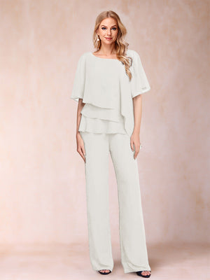 Chiffon V-Neck Half Sleeves 2 Pieces Pantsuits with Rhinestone