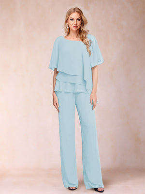 Chiffon V-Neck Half Sleeves 2 Pieces Pantsuits with Rhinestone