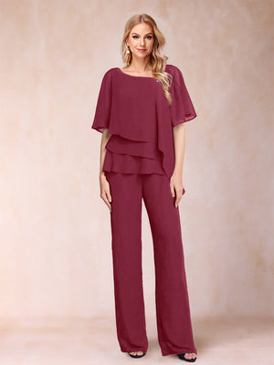 Chiffon V-Neck Half Sleeves 2 Pieces Pantsuits with Rhinestone