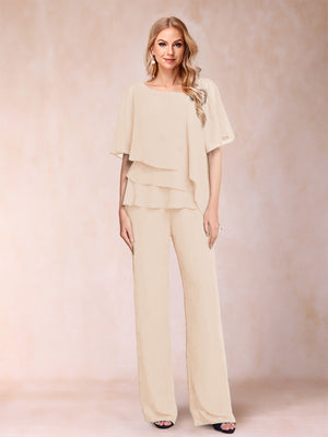 Chiffon V-Neck Half Sleeves 2 Pieces Pantsuits with Rhinestone